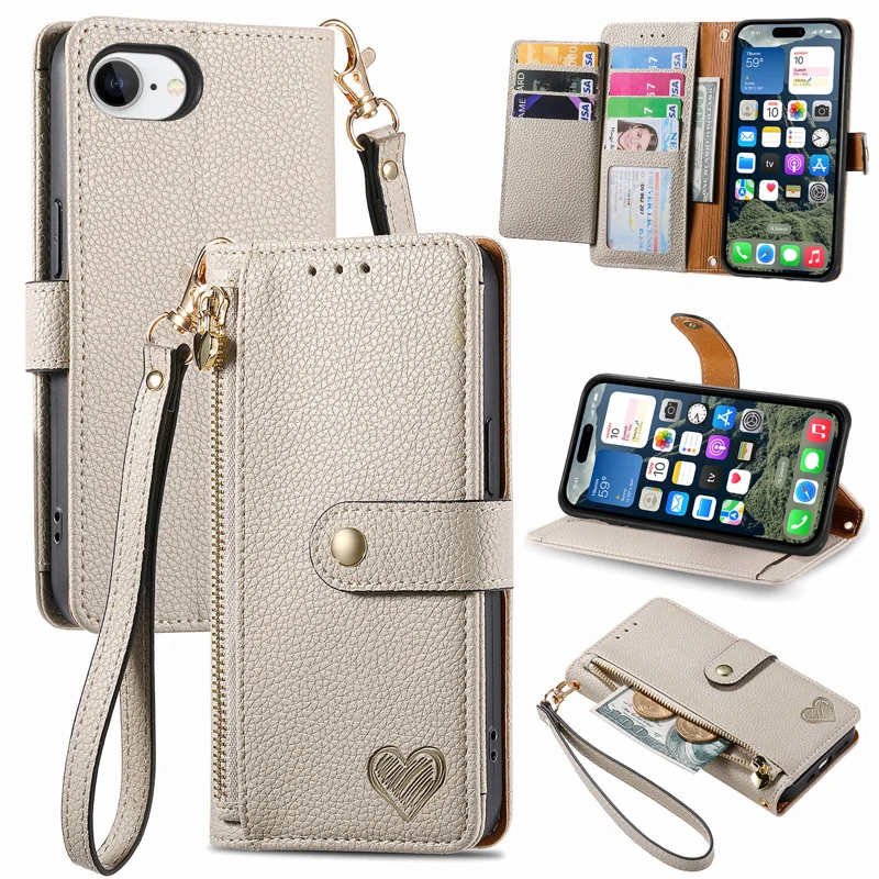 For iPhone 16e Case RFID Blocking Zipper Pocket Leather Wallet Phone Cover with Strap - Black-Cellmalls