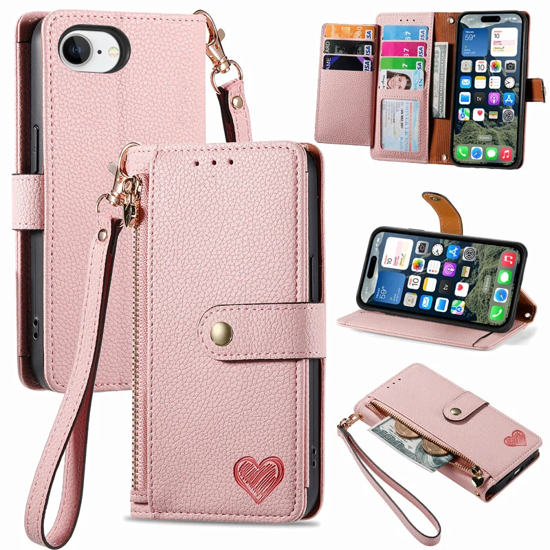 For iPhone 16e Case RFID Blocking Zipper Pocket Leather Wallet Phone Cover with Strap - Black-Cellmalls