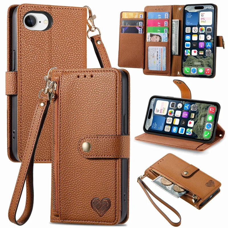 For iPhone 16e Case RFID Blocking Zipper Pocket Leather Wallet Phone Cover with Strap - Black-Cellmalls