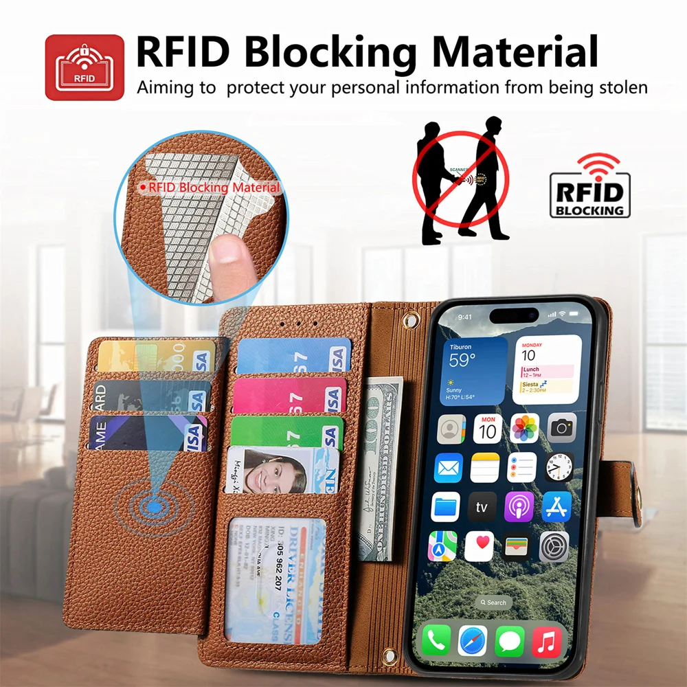 For iPhone 16e Case RFID Blocking Zipper Pocket Leather Wallet Phone Cover with Strap - Black-Cellmalls
