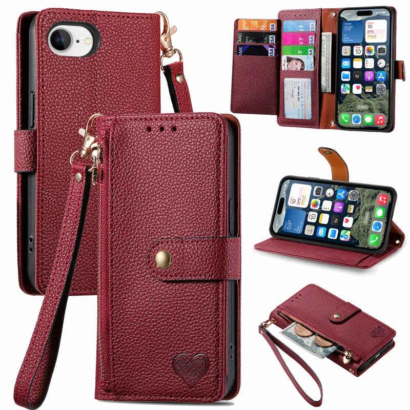For iPhone 16e Case RFID Blocking Zipper Pocket Leather Wallet Phone Cover with Strap - Black-Cellmalls