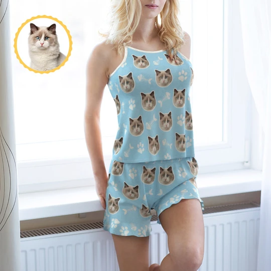 Custom Face Shorty Pajama Shorts Cute Cat Photo Summer Strap Pajamas
