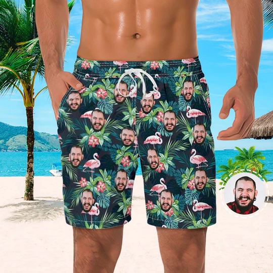 Men's Custom Face Beach Shorts Flamingo Hawaii Style for Summer Vocation