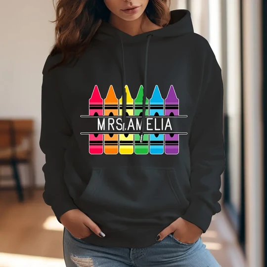 Personalized Crayon Hooded Sweatshirt Teacher Custom Name Hooded Sweatshirt Back to School Gifts