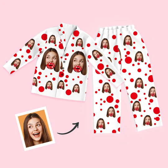 Custom Face Red Lips Long Sleeve Unisex Pajamas Set