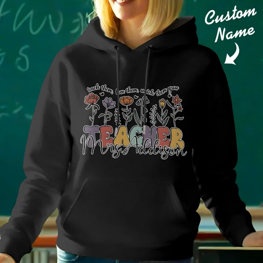 Personalized Wildflower Hooded Sweatshirt Teacher Custom Name Hooded Sweatshirt Back to School Gifts