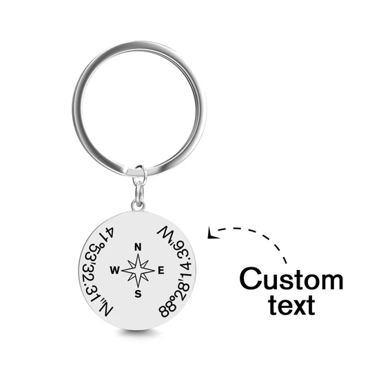 Custom Coordinates Keychain with Compass - Custom Latitude Longitude Keychain