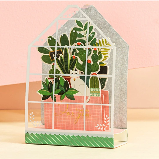 Creative 3D Pop Up Greeting Card Cat Plant House Pop Up Card