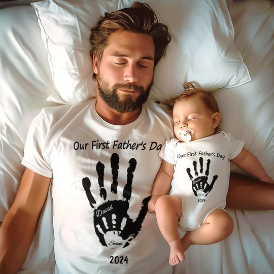 Personalized Our First Father’s Day Handprint Baby T-Shirt Gift for Baby