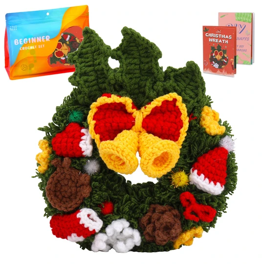 Christmas Wreath DIY Crochet Kit for Beginners with Step-by-Step Video Tutorials Gift for Adults and Kids