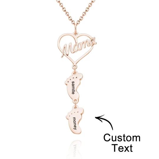 Custom Engraved Name Necklace Love MaMa Heart Baby Feet Charm