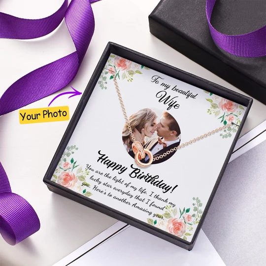Double Rings Necklace with Photo Message Card Happy Birthday Gift for Wife