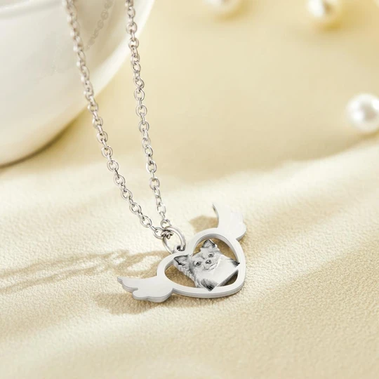 Custom Photo Engraved Necklace Angel Heart Shaped Wings Necklace Gift for Pet Lovers