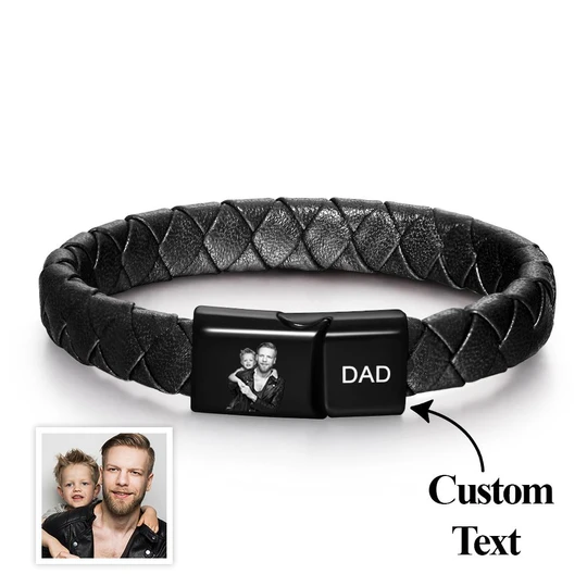 Custom Photo Engraved Bracelet Men's Bracelet Leather Father's Day Gift