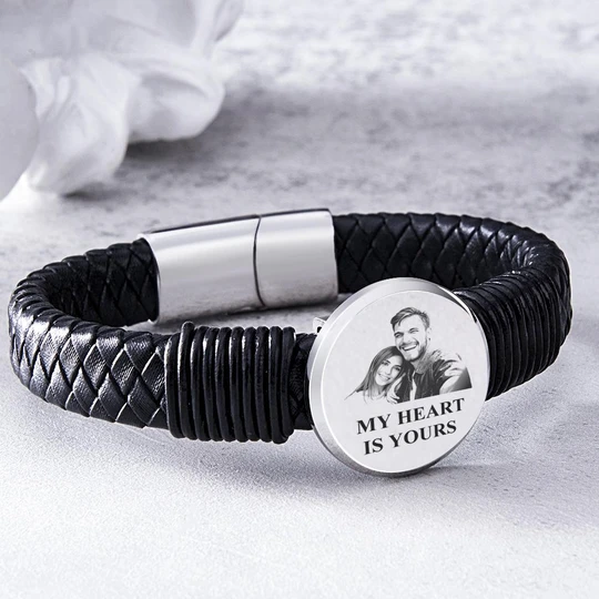 Personalized Photo Leather Wide Bracelet Engraved Unique Bracelet Gifts For Him