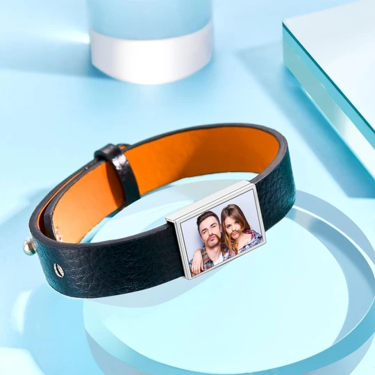 Custom Photo Bracelet Personalized Picture Leather Bracelet Gift for Men