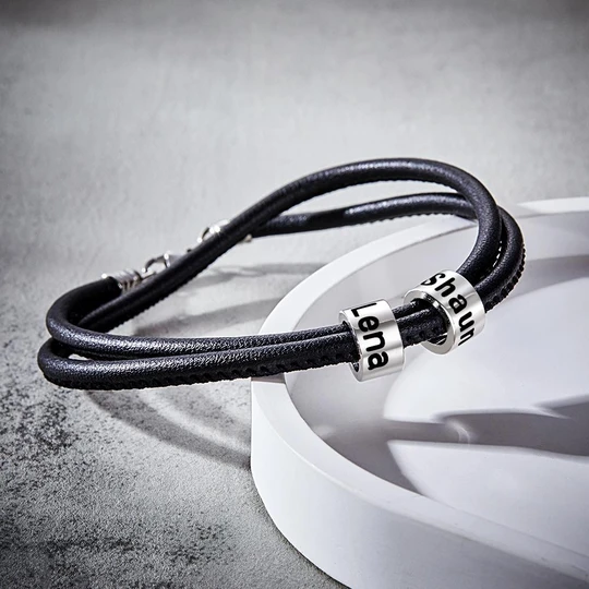 Custom Engraved Bead Bracelet Men Braided Black Leather Gifts