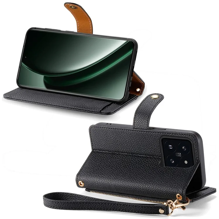 For Xiaomi 14T Case RFID Blocking Zipper Pocket Leather Wallet Phone Cover with Strap - Black-Cellmalls