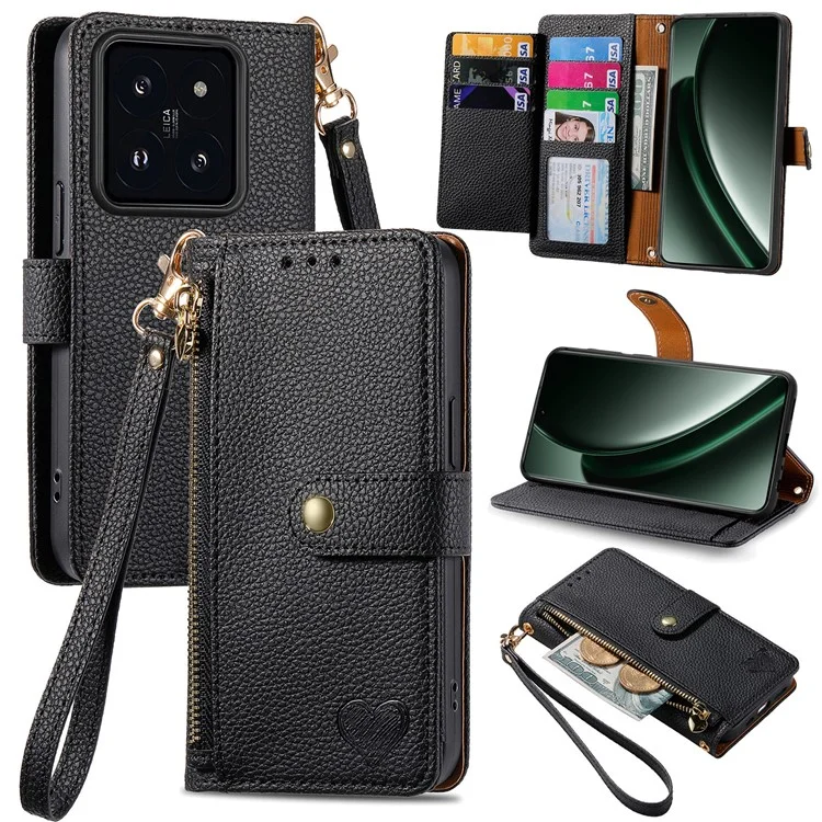 For Xiaomi 14T Pro Case RFID Blocking Zipper Pocket Leather Wallet Phone Cover with Strap - Black-Cellmalls