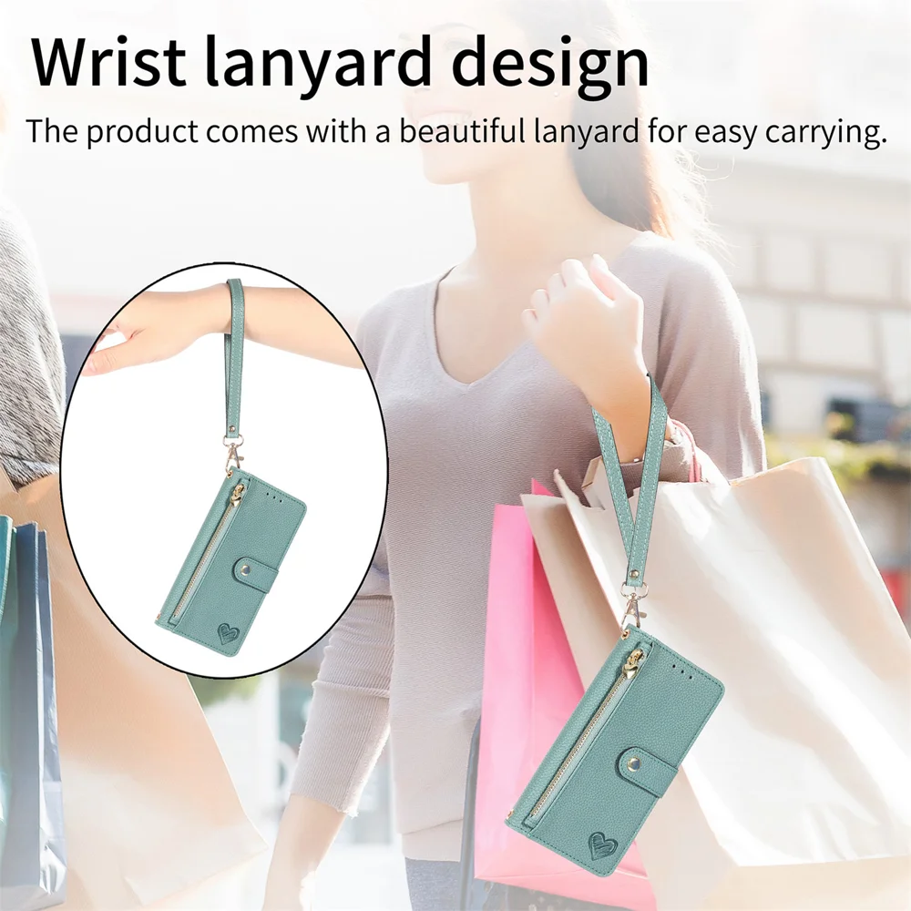 For Xiaomi Redmi Note 14 4G (163.25x76.55x8.16mm) Case RFID Blocking Zipper Pocket Leather Wallet Phone Cover with Strap - Green-Cellmalls