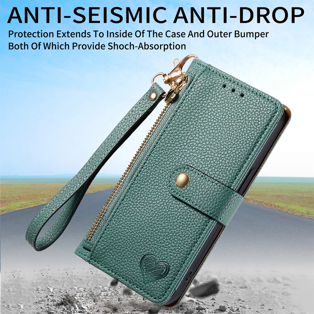 For Xiaomi Redmi Note 14 4G (163.25x76.55x8.16mm) Case RFID Blocking Zipper Pocket Leather Wallet Phone Cover with Strap - Green-Cellmalls