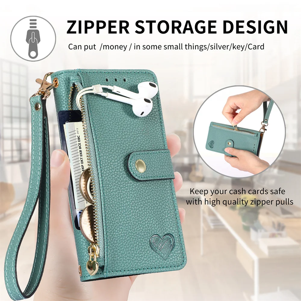 For Xiaomi Redmi Note 14 4G (163.25x76.55x8.16mm) Case RFID Blocking Zipper Pocket Leather Wallet Phone Cover with Strap - Green-Cellmalls