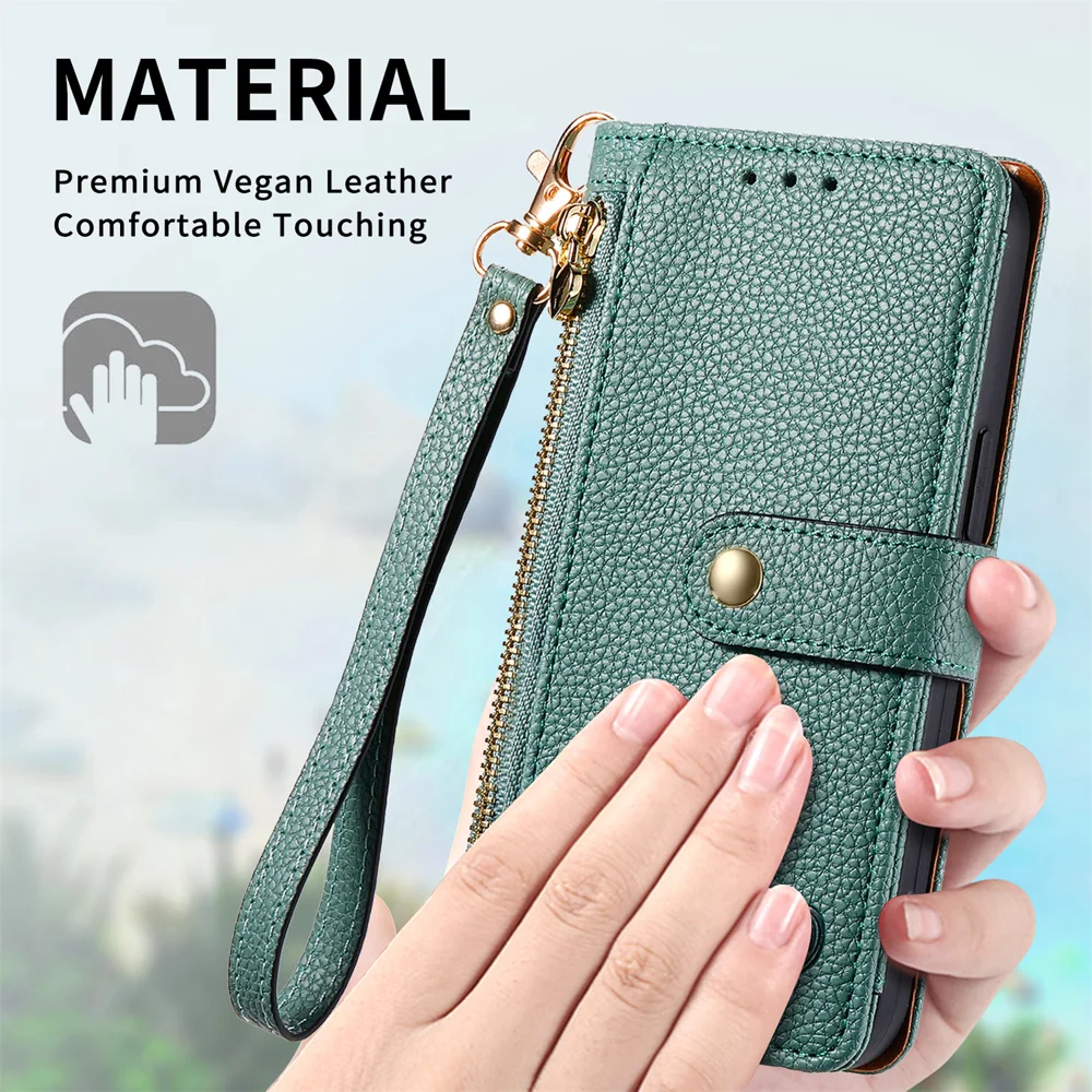 For Xiaomi Redmi Note 14 4G (163.25x76.55x8.16mm) Case RFID Blocking Zipper Pocket Leather Wallet Phone Cover with Strap - Green-Cellmalls