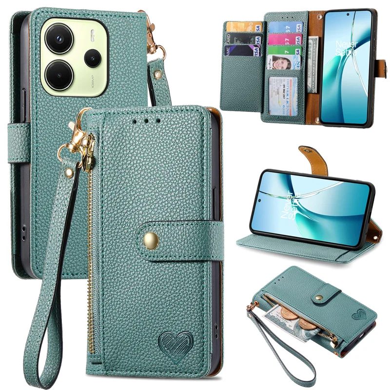 For Xiaomi Redmi Note 14 4G (164.84x78.15x8.16mm) Case RFID Blocking Zipper Pocket Leather Wallet Phone Cover with Strap - Green-Cellmalls