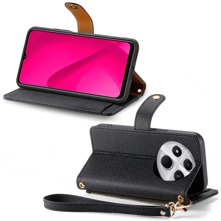 For Xiaomi Poco C75 4G / Redmi 14R 5G / 14C 4G Case RFID Blocking Zipper Pocket Leather Wallet Phone Cover - Black-Cellmalls