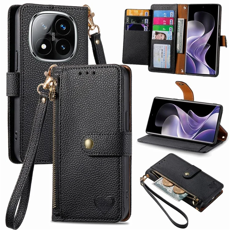 For Xiaomi Redmi Note 14 Pro 5G / Poco X7 5G Case RFID Blocking Zipper Pocket Leather Wallet Phone Cover with Strap - Black-Cellmalls