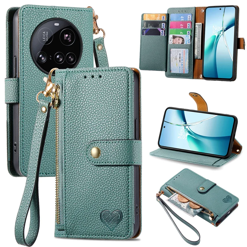 For Xiaomi 15 Ultra Case RFID Blocking Zipper Pocket Leather Wallet Phone Cover with Strap - Green-Cellmalls