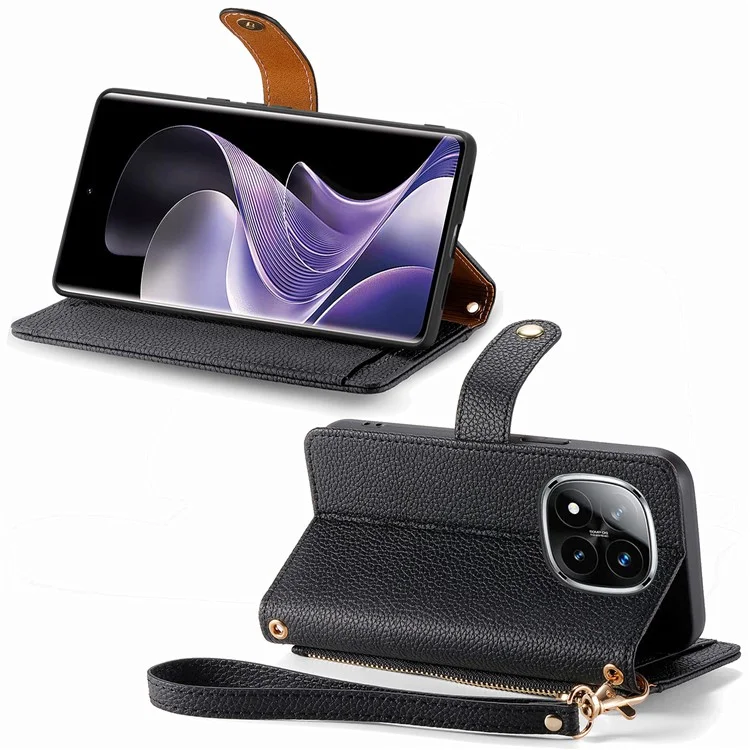 For Xiaomi Redmi Note 14 Pro 5G / Poco X7 5G Case RFID Blocking Zipper Pocket Leather Wallet Phone Cover with Strap - Black-Cellmalls