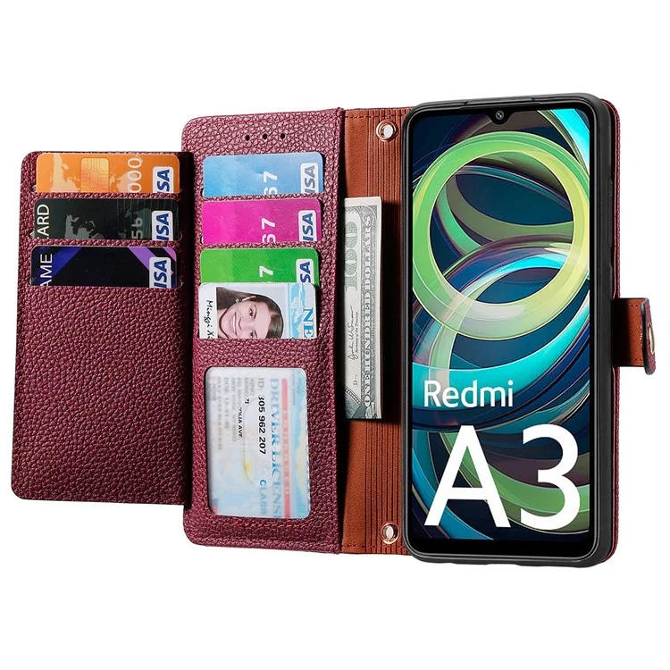 For Xiaomi Redmi A3 / Poco C61 4G Case RFID Blocking Zipper Wallet Leather Flip Phone Cover - Wine Red-Cellmalls