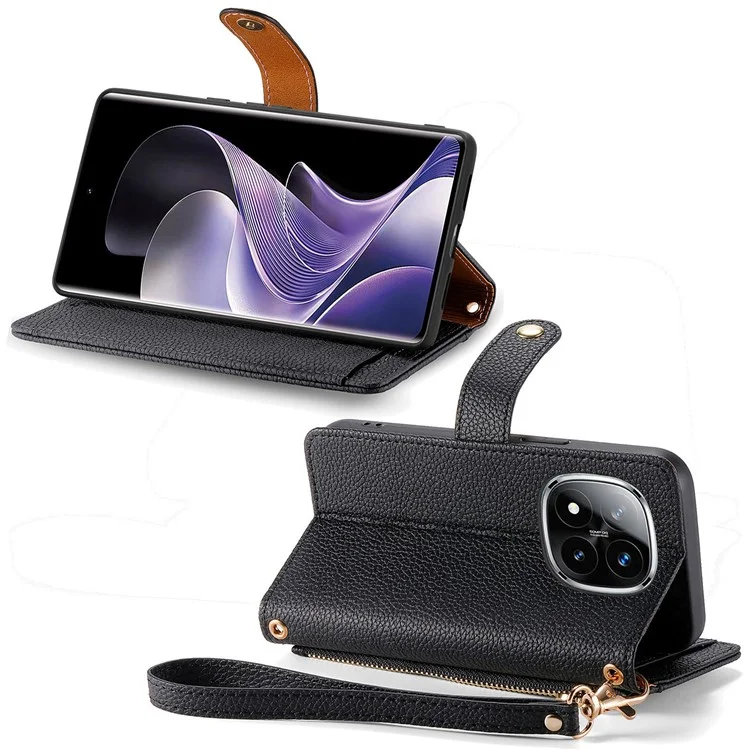 For Xiaomi Redmi Note 14 Pro+ 5G Case RFID Blocking Zipper Pocket Leather Wallet Phone Cover with Strap - Black-Cellmalls