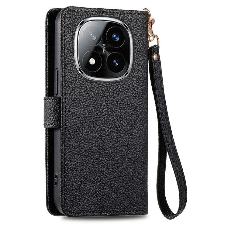 For Xiaomi Redmi Note 14 Pro+ 5G Case RFID Blocking Zipper Pocket Leather Wallet Phone Cover with Strap - Black-Cellmalls