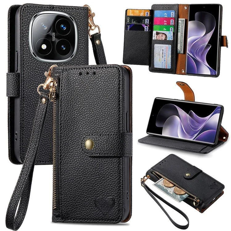 For Xiaomi Redmi Note 14 Pro+ 5G Case RFID Blocking Zipper Pocket Leather Wallet Phone Cover with Strap - Black-Cellmalls