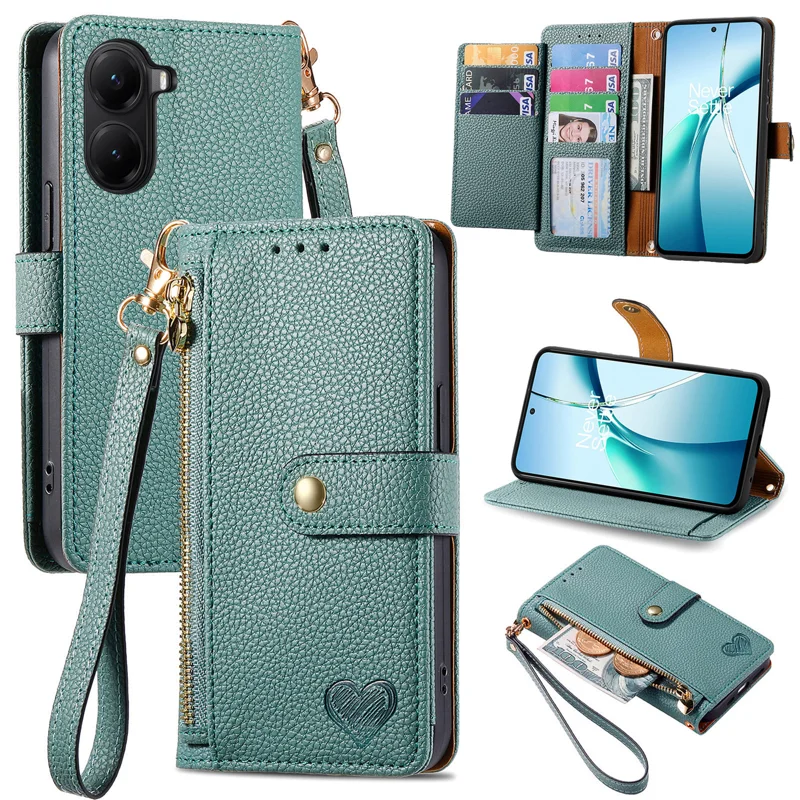 For Xiaomi Poco X7 Pro 5G Case RFID Blocking Zipper Pocket Leather Wallet Phone Cover with Strap - Green-Cellmalls