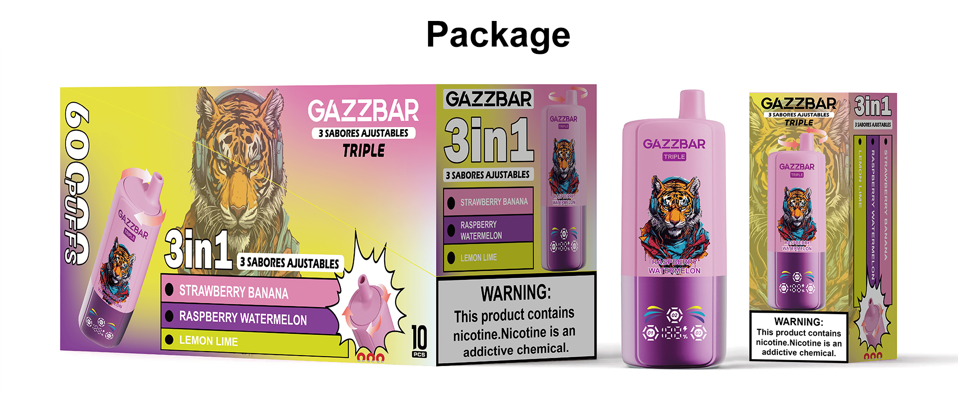 Gazzbar Triple 60K puff 3 flavors in 1 60000 puffs disposable vape with LED smart display vaper pen