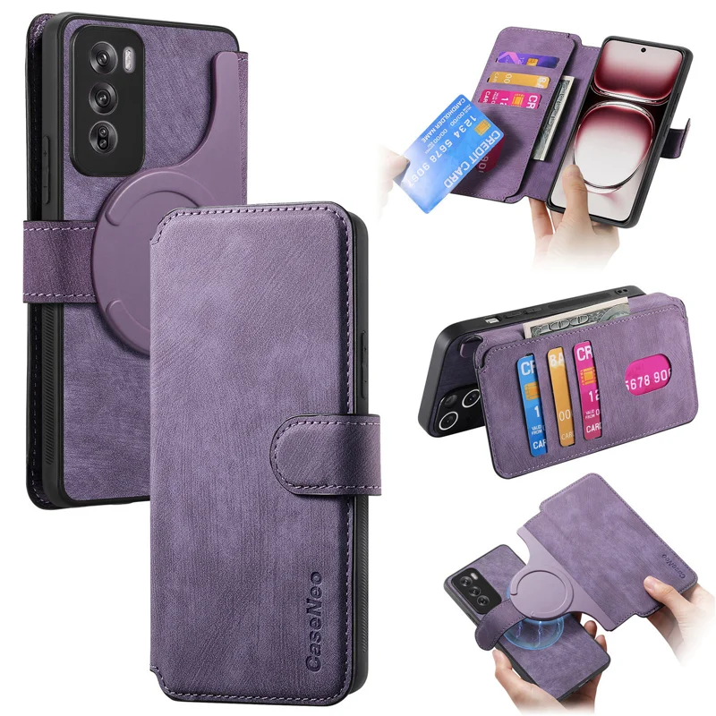 For Oppo Reno12 5G (Global) Magnetic Case CASENEO Detachable Leather Phone Wallet Cover - Purple-Cellmalls