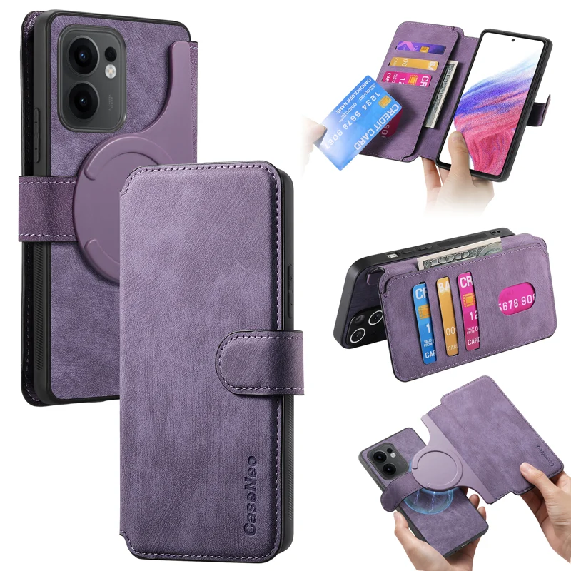 For Oppo Reno13 F 5G Magnetic Case CASENEO Detachable Leather Phone Wallet Cover - Purple-Cellmalls