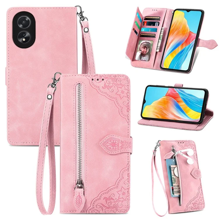 For Oppo A38 4G / A18 4G Zipper Wallet Case with Strap Flower Imprint PU Leather Phone Cover - Pink-Cellmalls