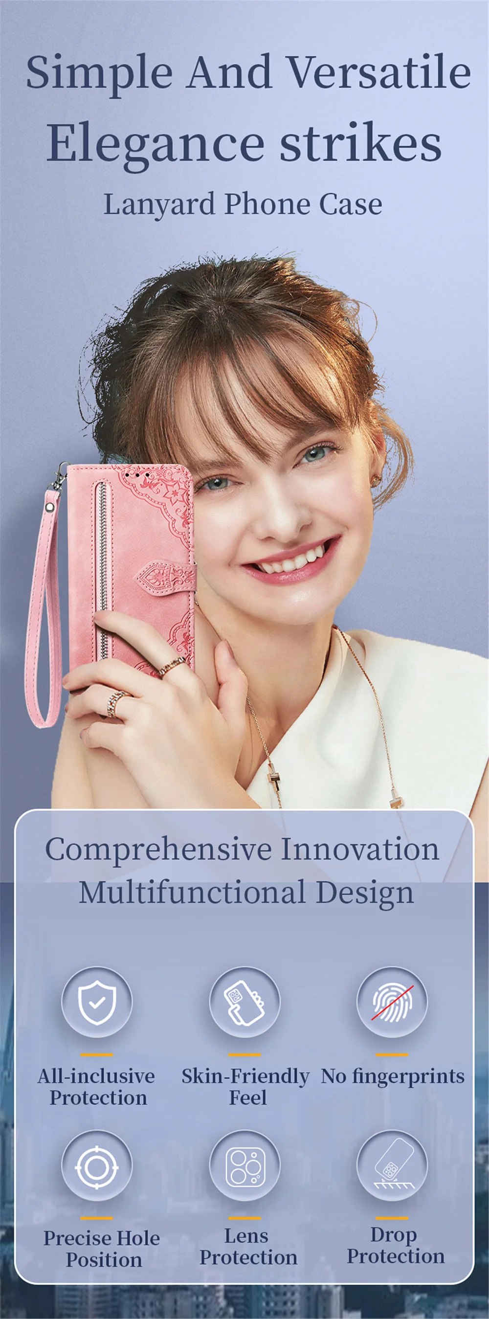 For Oppo A38 4G / A18 4G Zipper Wallet Case with Strap Flower Imprint PU Leather Phone Cover - Pink-Cellmalls