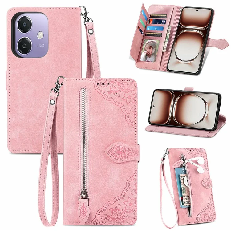 For Oppo A3x 5G Zipper Wallet Case with Strap Flower Imprint PU Leather Phone Cover - Pink-Cellmalls