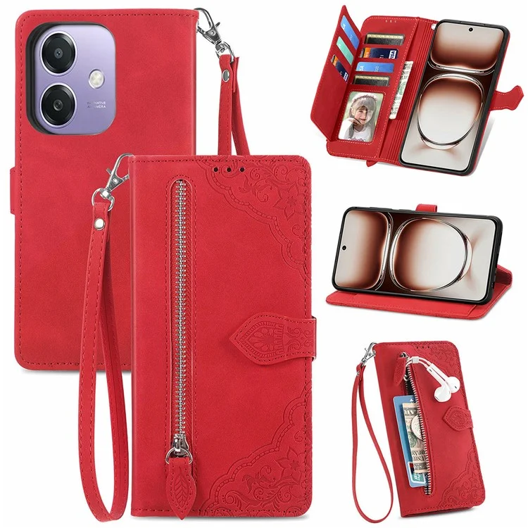 For Oppo A3x 5G Zipper Wallet Case with Strap Flower Imprint PU Leather Phone Cover - Pink-Cellmalls