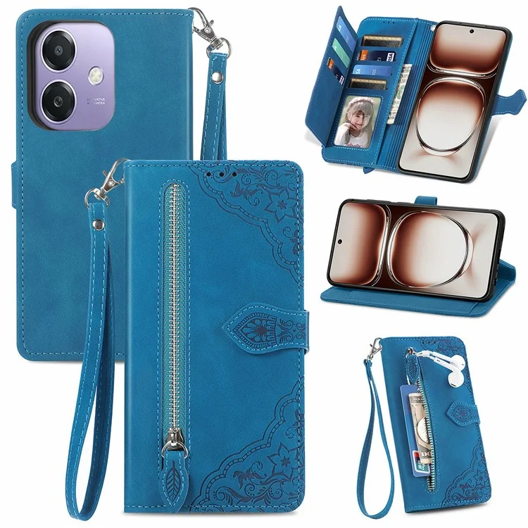 For Oppo A3x 5G Zipper Wallet Case with Strap Flower Imprint PU Leather Phone Cover - Pink-Cellmalls