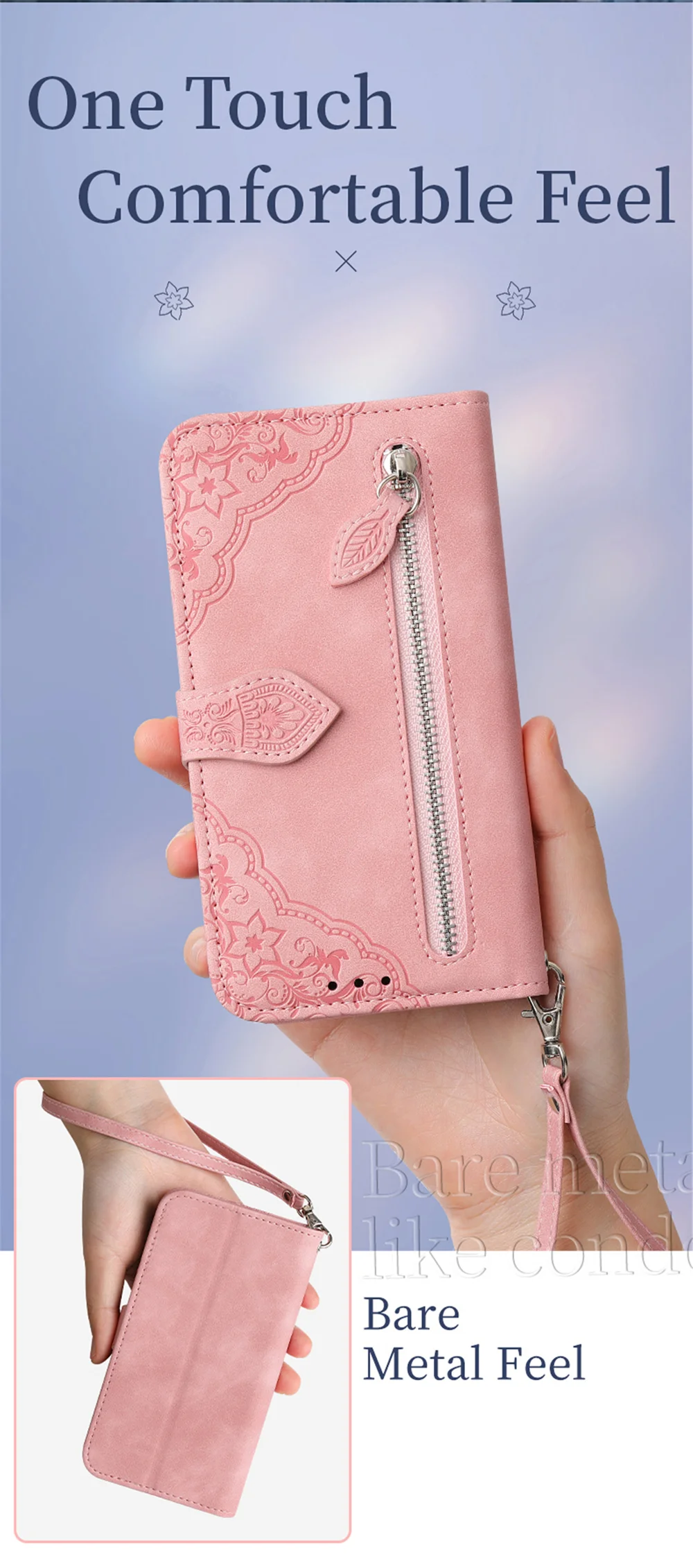 For Oppo A38 4G / A18 4G Zipper Wallet Case with Strap Flower Imprint PU Leather Phone Cover - Pink-Cellmalls