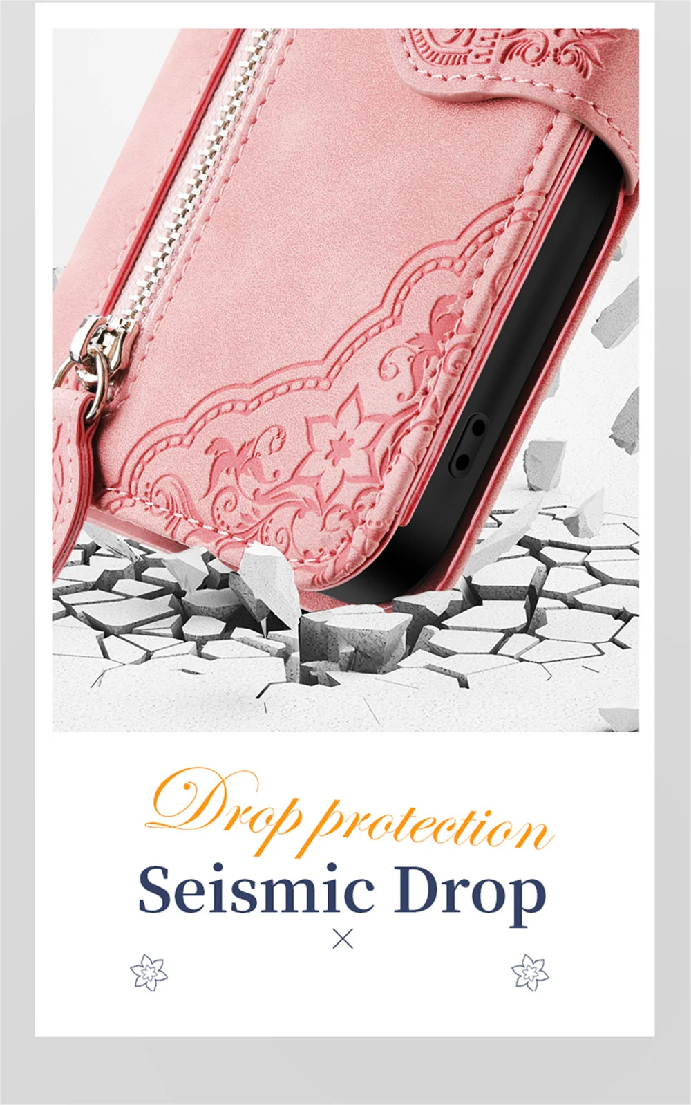 For Oppo A38 4G / A18 4G Zipper Wallet Case with Strap Flower Imprint PU Leather Phone Cover - Pink-Cellmalls