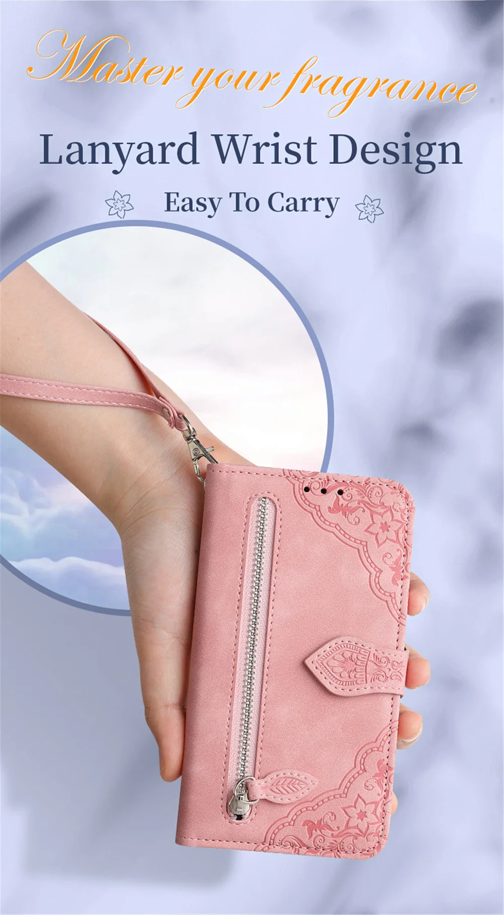 For Oppo A3x 5G Zipper Wallet Case with Strap Flower Imprint PU Leather Phone Cover - Pink-Cellmalls