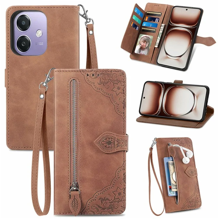 For Oppo A3x 5G Zipper Wallet Case with Strap Flower Imprint PU Leather Phone Cover - Pink-Cellmalls