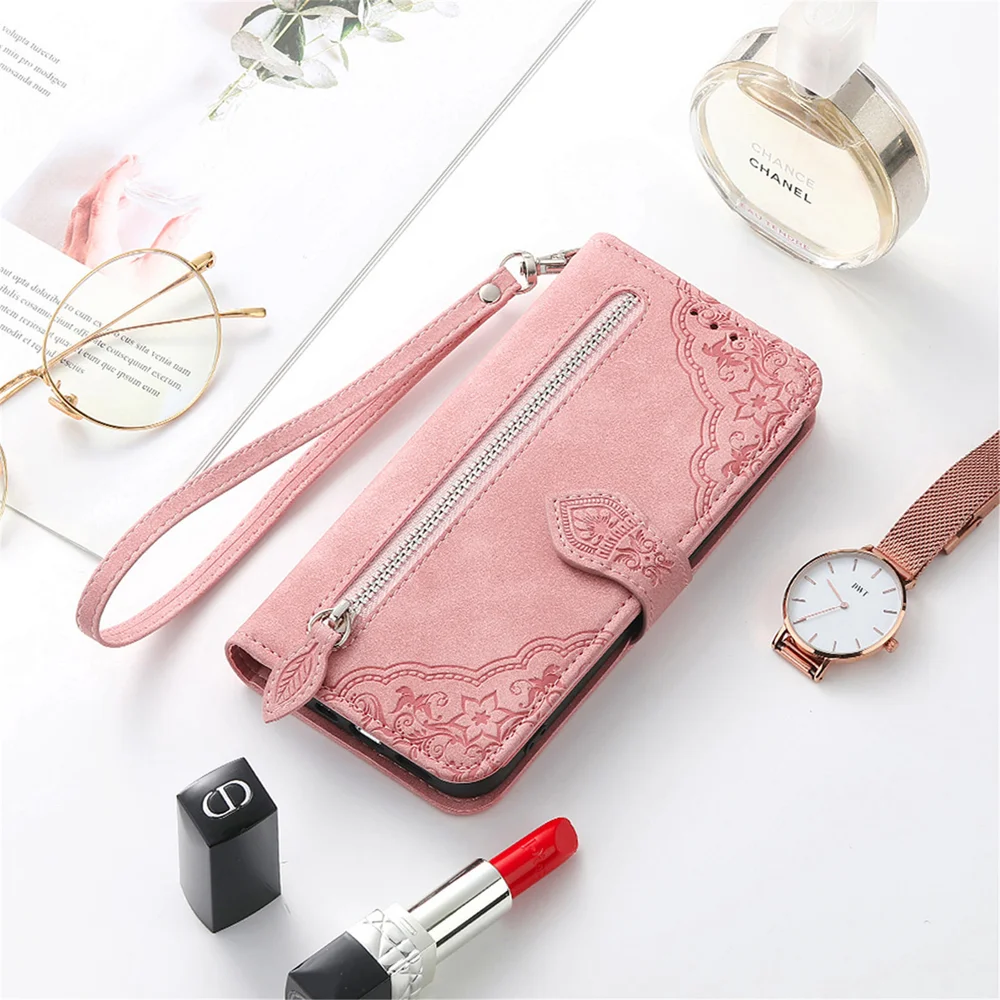 For Oppo Reno13 5G (Global) Zipper Wallet Case with Strap Flower Imprint PU Leather Phone Cover - Brown-Cellmalls